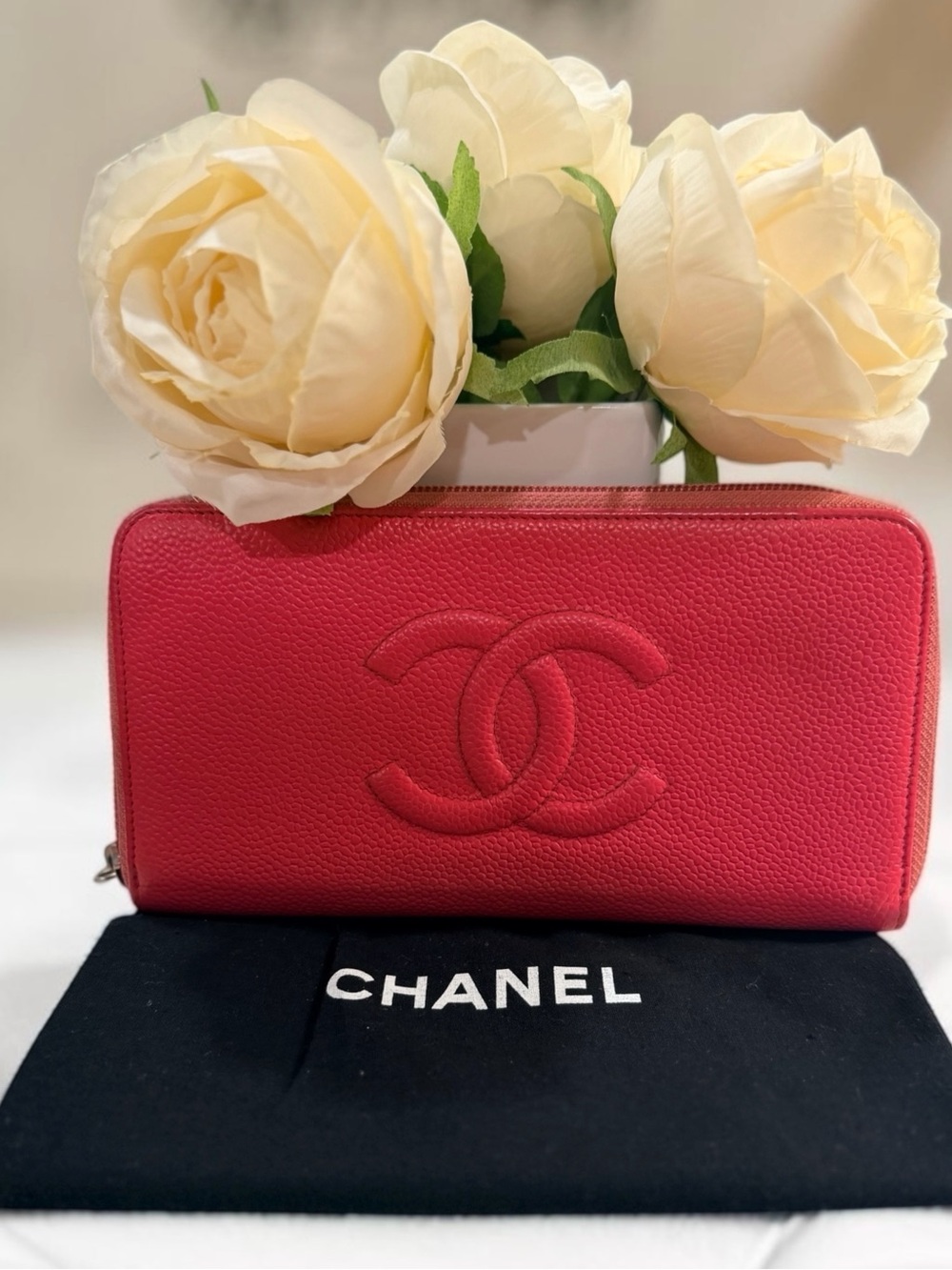 CHANEL CC Logos CalfSkin Leather Long Wallet Coral/Red & Dust Bag